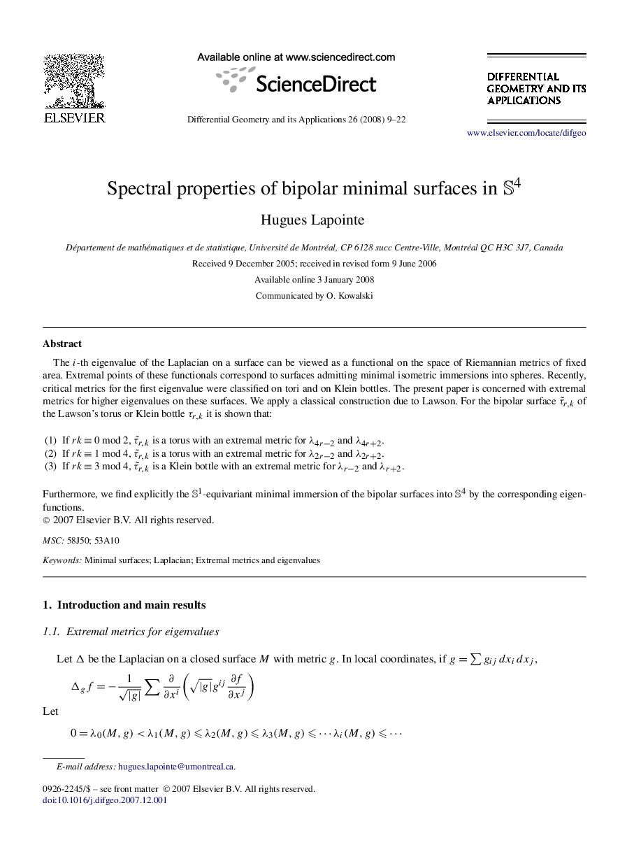 Spectral properties of bipolar minimal surfaces in S4S4