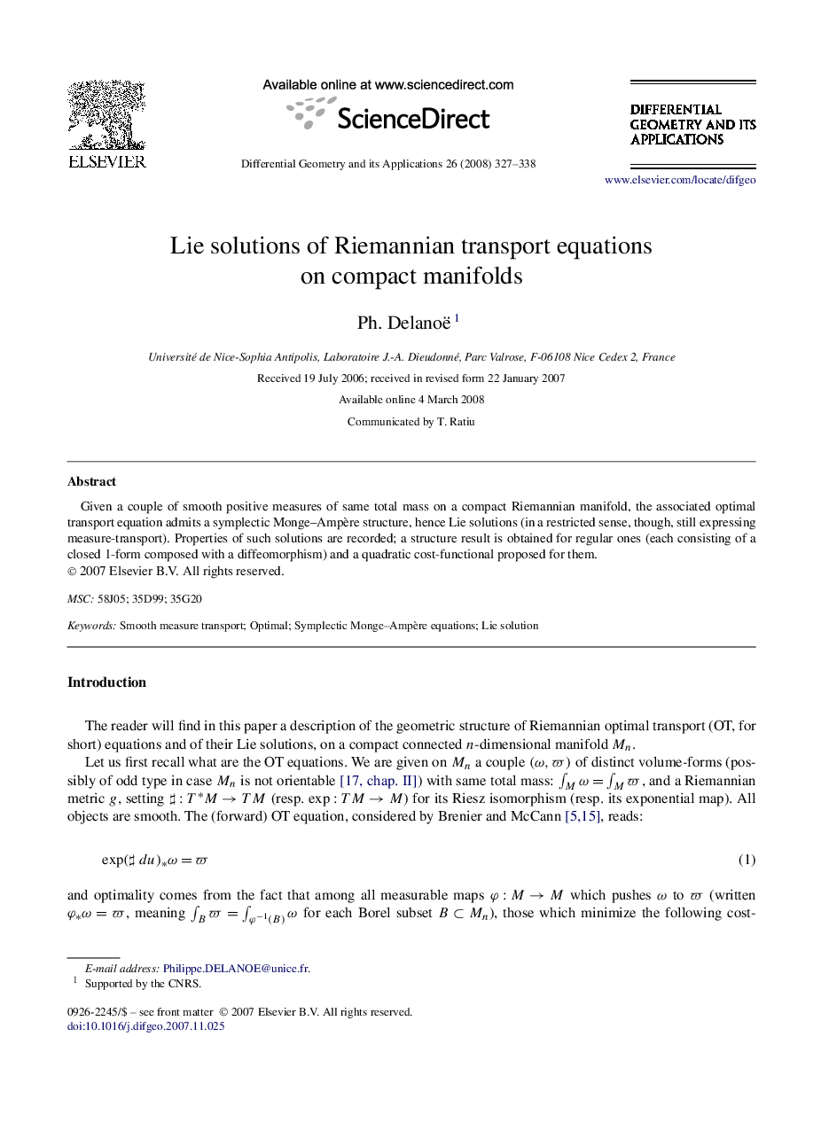 Lie solutions of Riemannian transport equations on compact manifolds