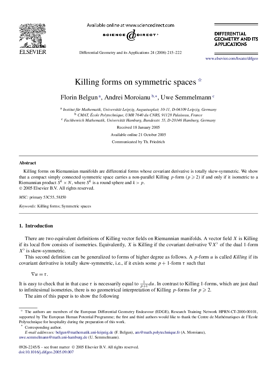 Killing forms on symmetric spaces 