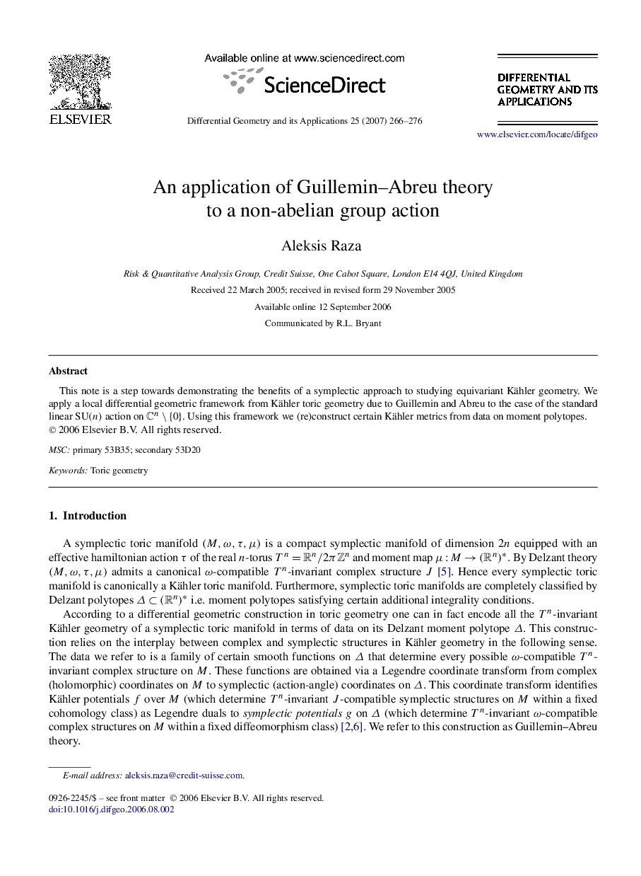 An application of Guillemin–Abreu theory to a non-abelian group action