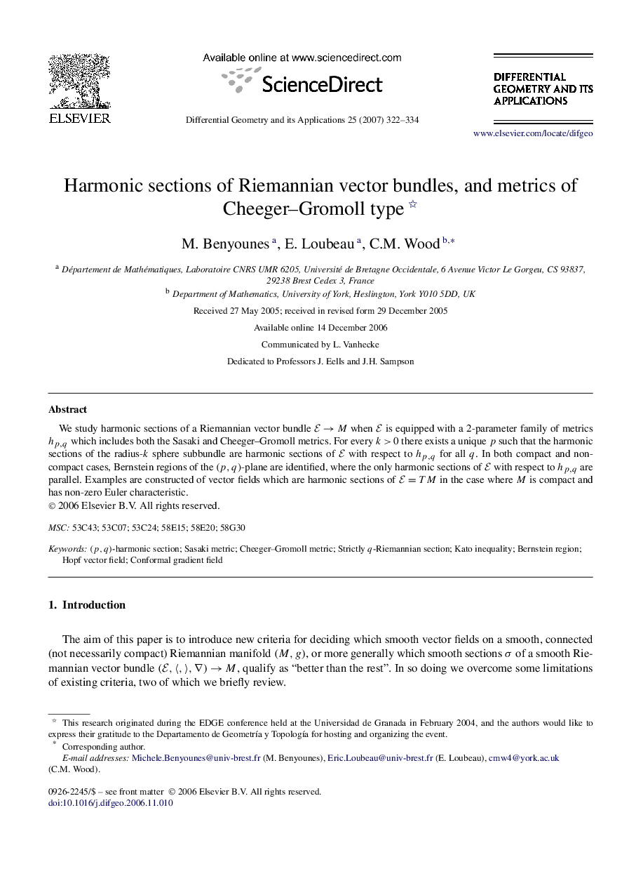 Harmonic sections of Riemannian vector bundles, and metrics of Cheeger–Gromoll type 