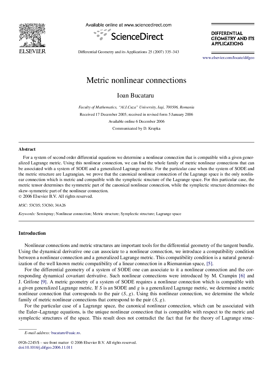 Metric nonlinear connections