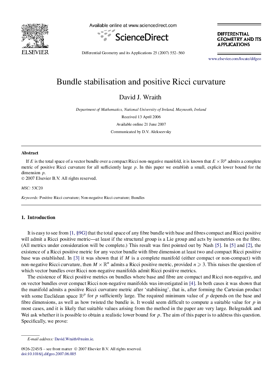 Bundle stabilisation and positive Ricci curvature