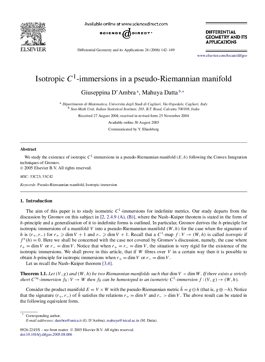 Isotropic C1C1-immersions in a pseudo-Riemannian manifold