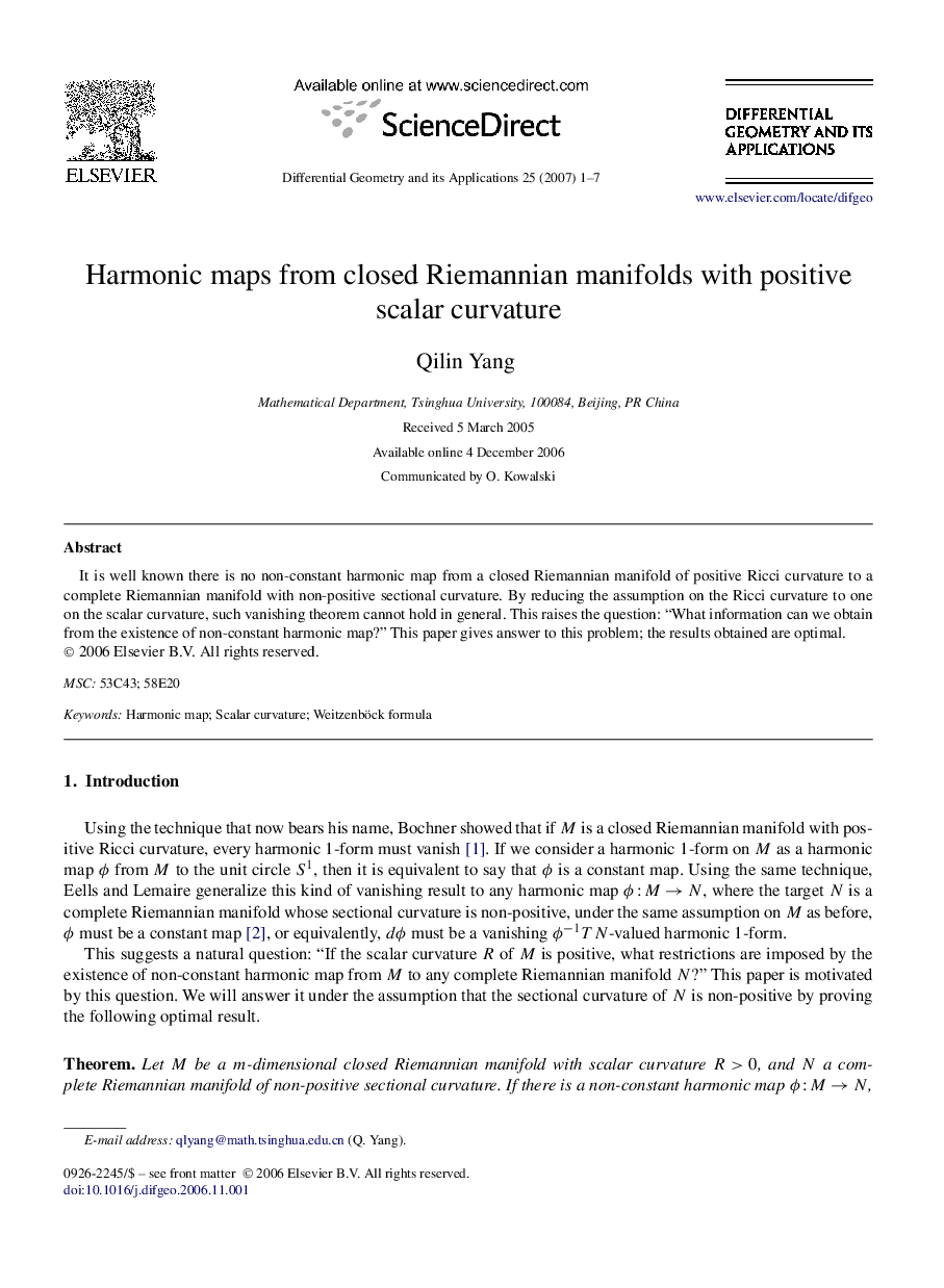 Harmonic maps from closed Riemannian manifolds with positive scalar curvature