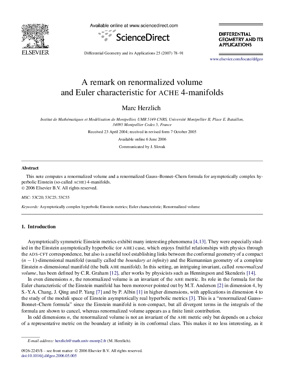 A remark on renormalized volume and Euler characteristic for ache 4-manifolds