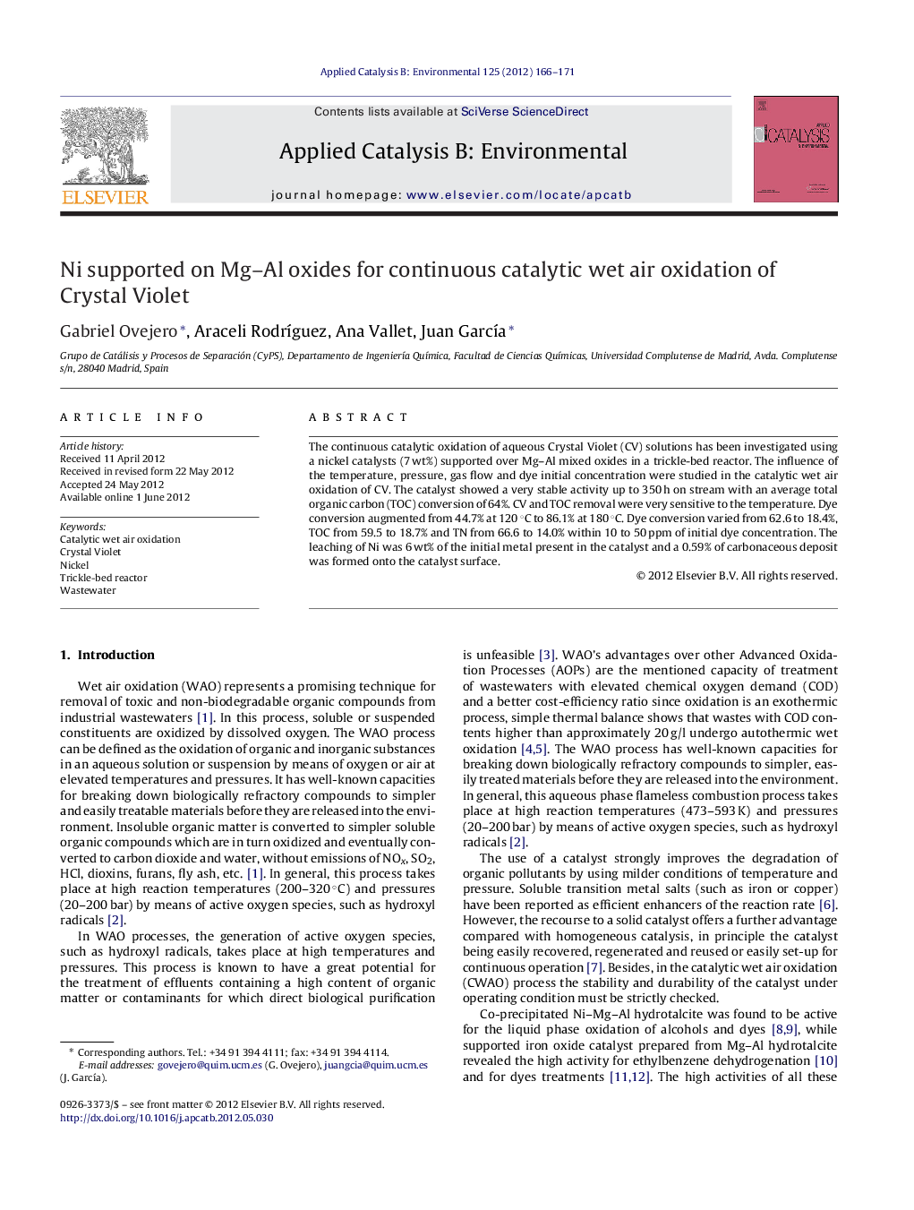 Ni supported on Mg–Al oxides for continuous catalytic wet air oxidation of Crystal Violet