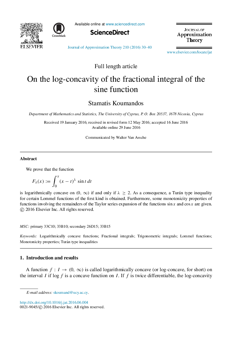 On the log-concavity of the fractional integral of the sine function