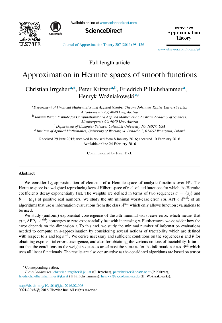 Approximation in Hermite spaces of smooth functions