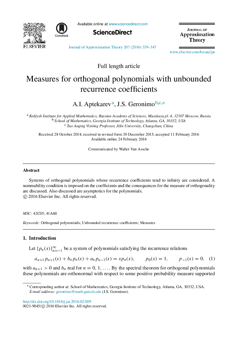 Measures for orthogonal polynomials with unbounded recurrence coefficients