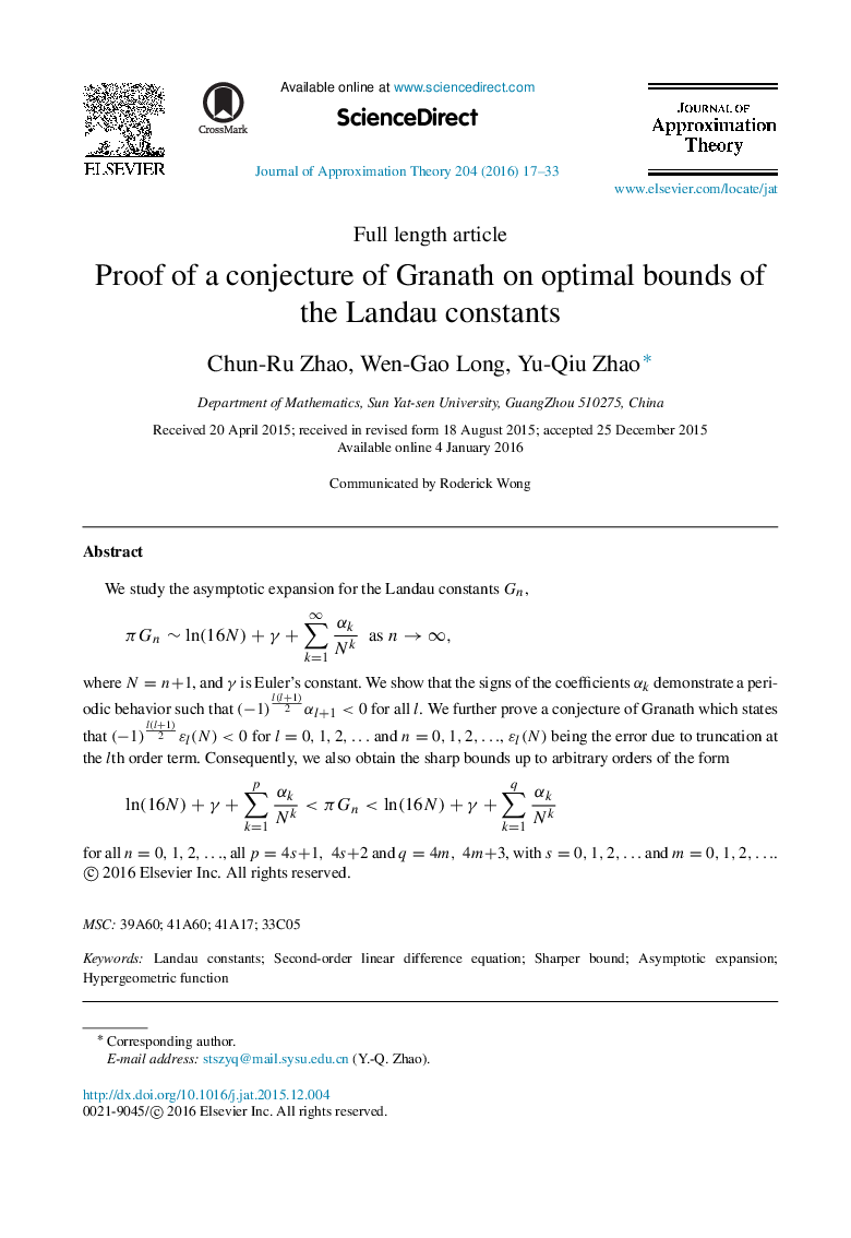 Proof of a conjecture of Granath on optimal bounds of the Landau constants