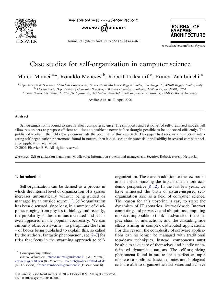 Case studies for self-organization in computer science