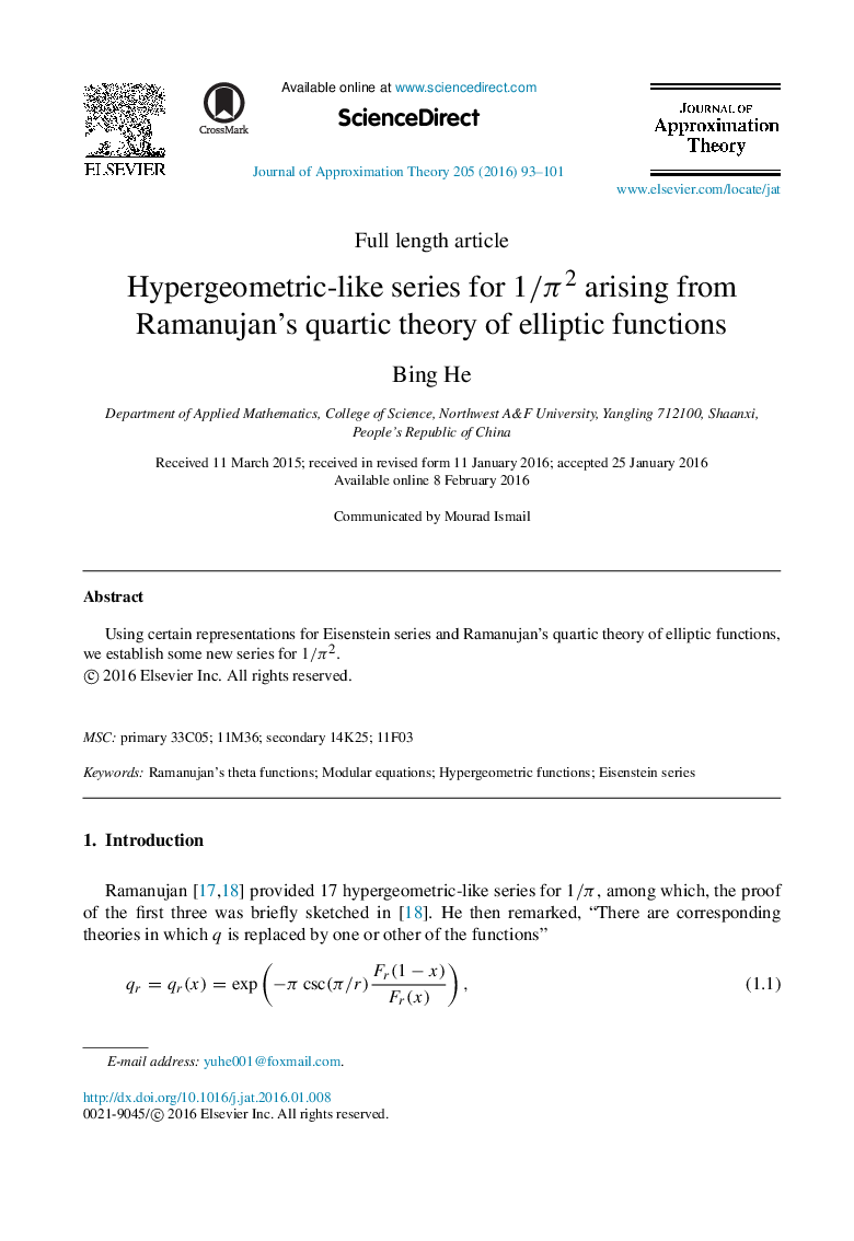 Hypergeometric-like series for 1/π21/π2 arising from Ramanujan’s quartic theory of elliptic functions