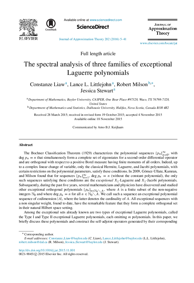 The spectral analysis of three families of exceptional Laguerre polynomials