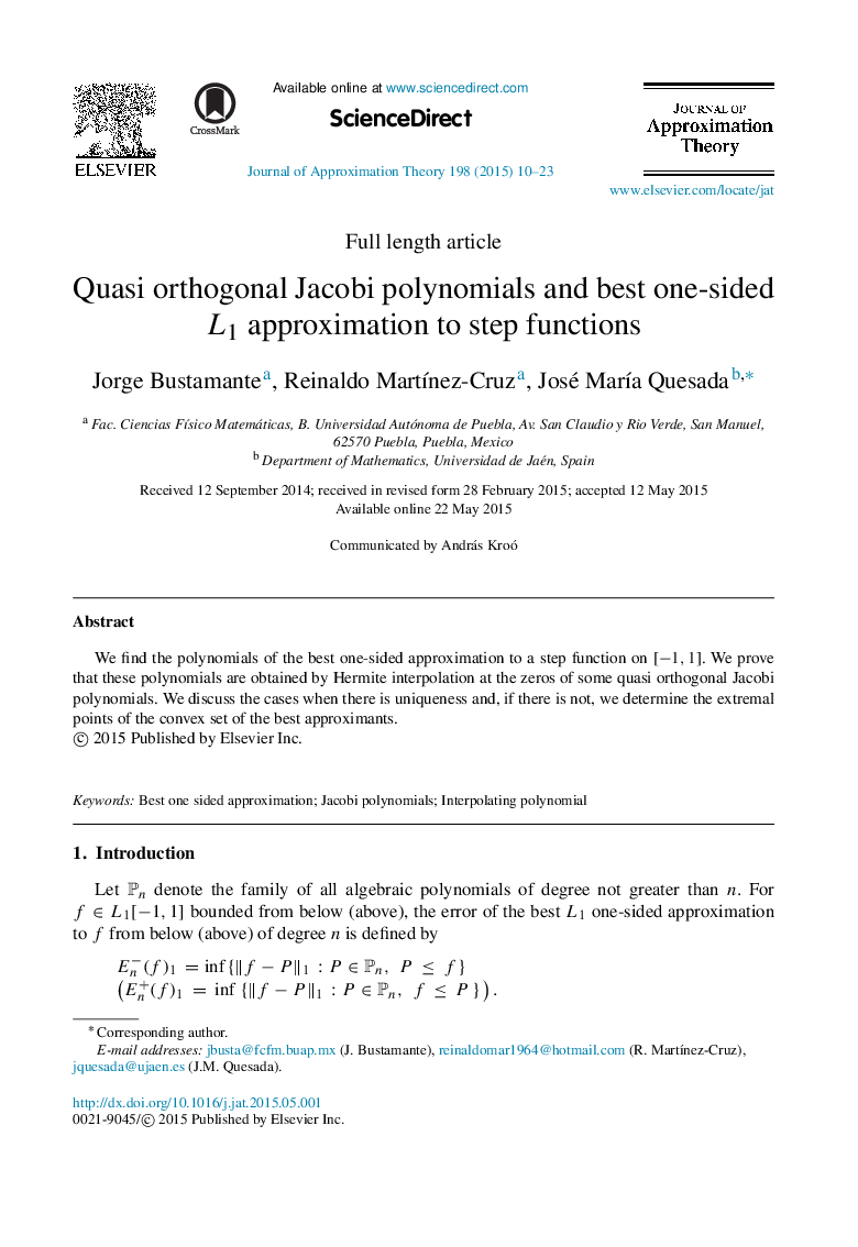 Quasi orthogonal Jacobi polynomials and best one-sided L1L1 approximation to step functions