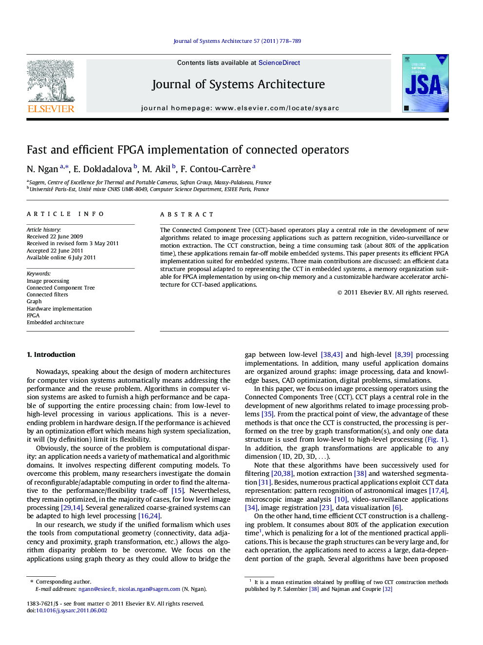 Fast and efficient FPGA implementation of connected operators