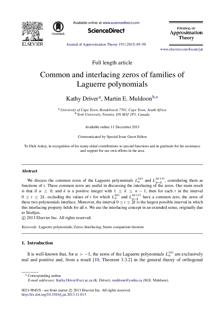 Common and interlacing zeros of families of Laguerre polynomials