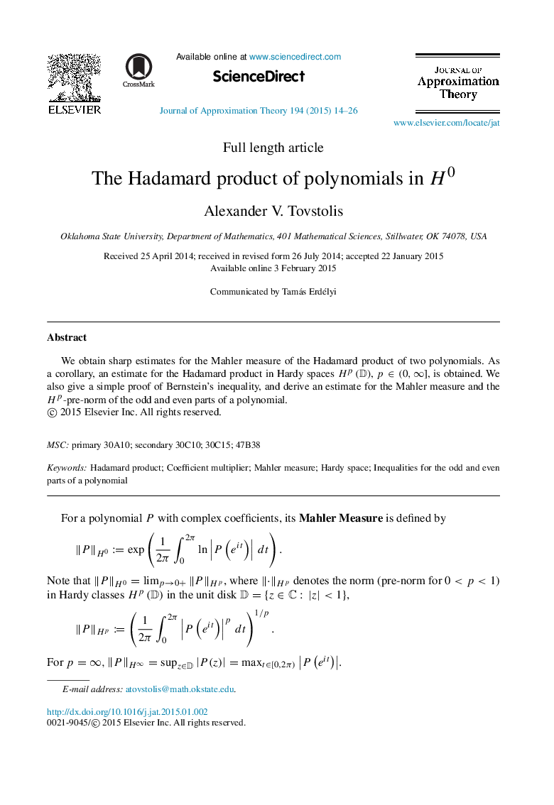 The Hadamard product of polynomials in H0H0