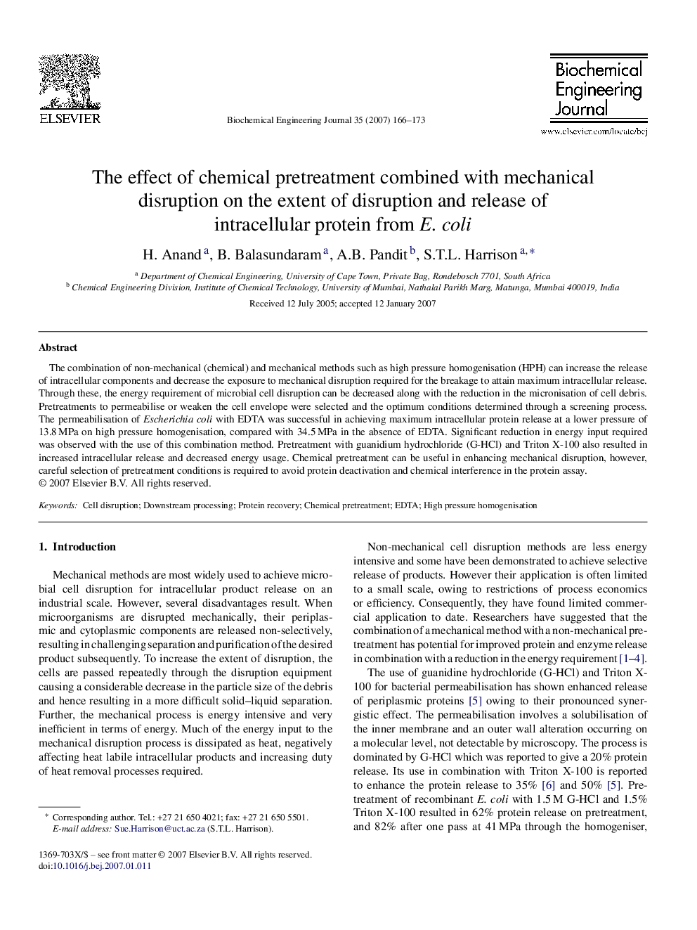 The effect of chemical pretreatment combined with mechanical disruption on the extent of disruption and release of intracellular protein from E. coli