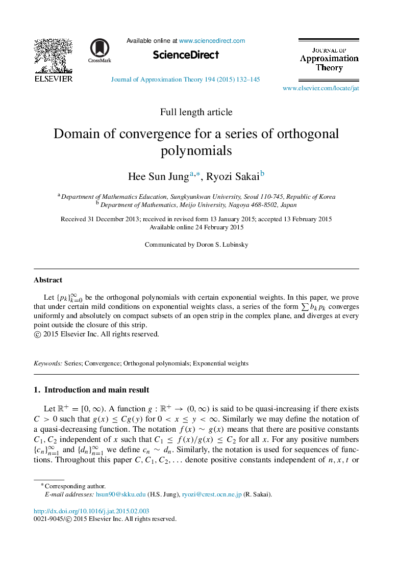 Domain of convergence for a series of orthogonal polynomials