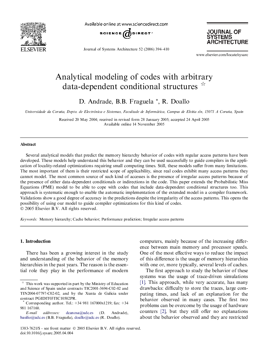 Analytical modeling of codes with arbitrary data-dependent conditional structures 