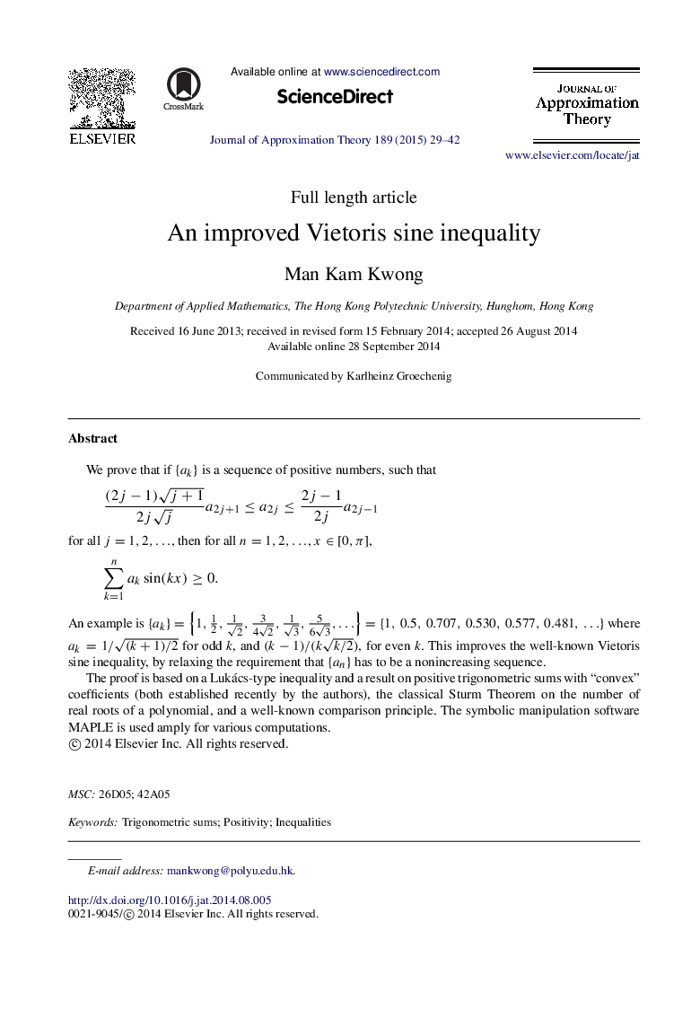 An improved Vietoris sine inequality