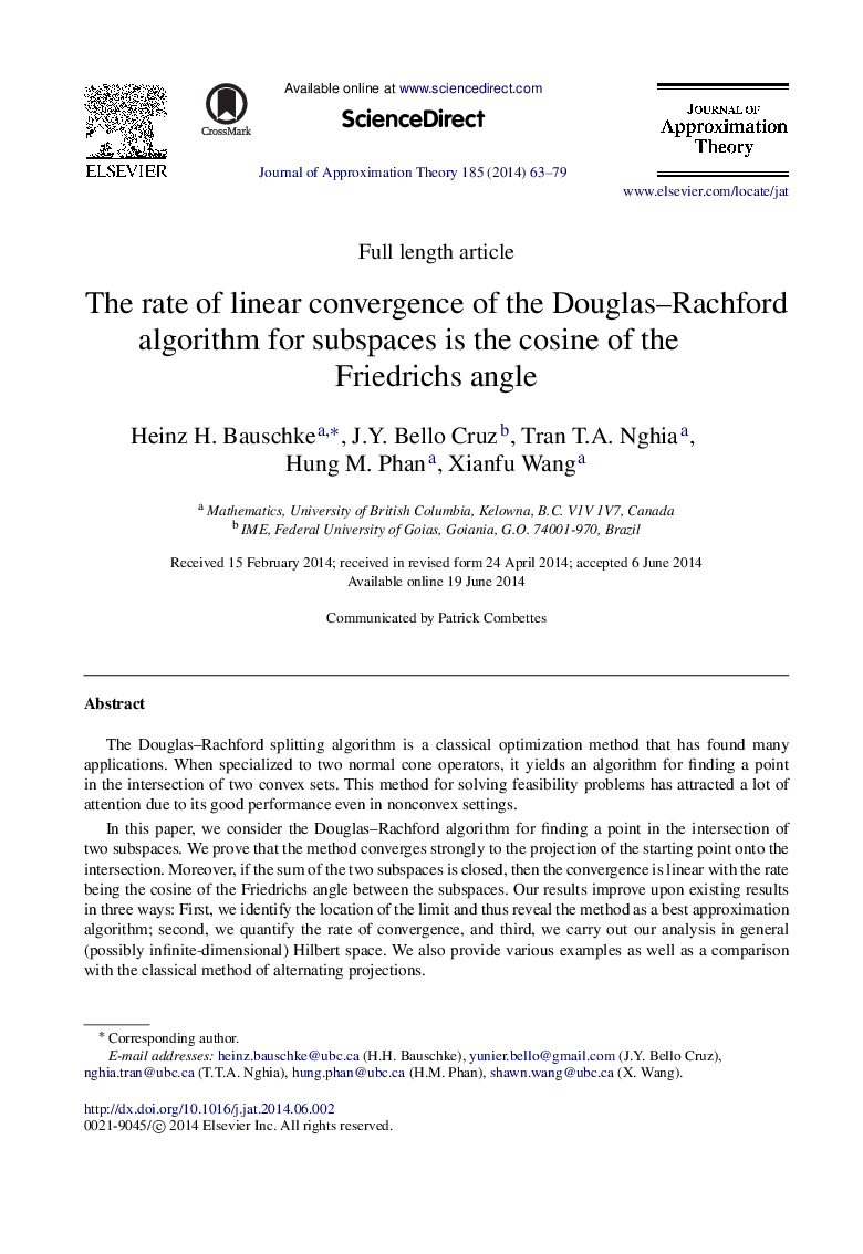 The rate of linear convergence of the Douglas–Rachford algorithm for subspaces is the cosine of the Friedrichs angle