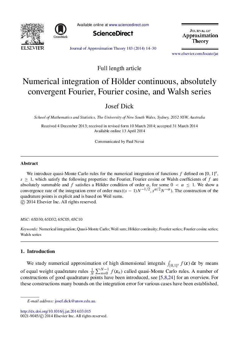 یکپارچگی عددی از هورمونی ثابت، کاملا همگرا فوریه، کوزینوس فوریه و مجموعه والش 