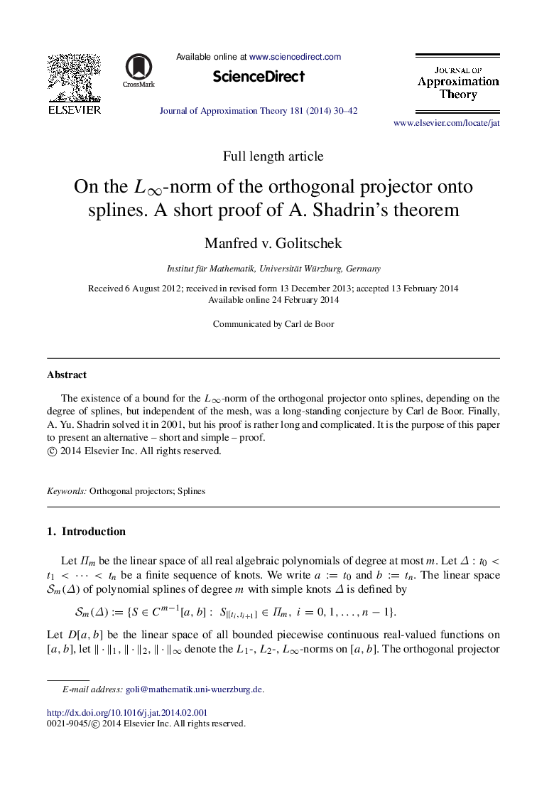 On the L∞L∞-norm of the orthogonal projector onto splines. A short proof of A. Shadrin’s theorem
