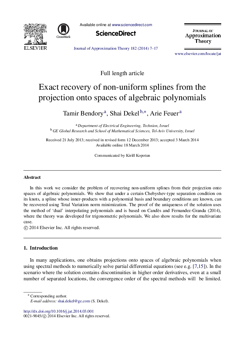 Exact recovery of non-uniform splines from the projection onto spaces of algebraic polynomials