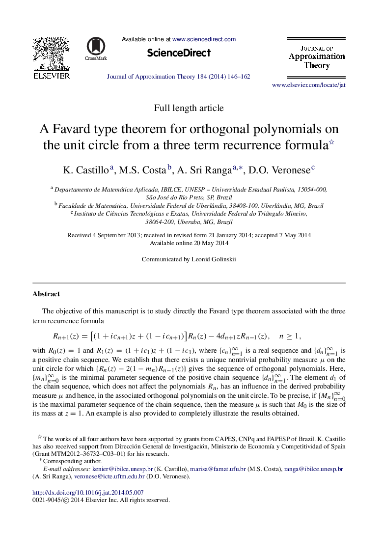 A Favard type theorem for orthogonal polynomials on the unit circle from a three term recurrence formula