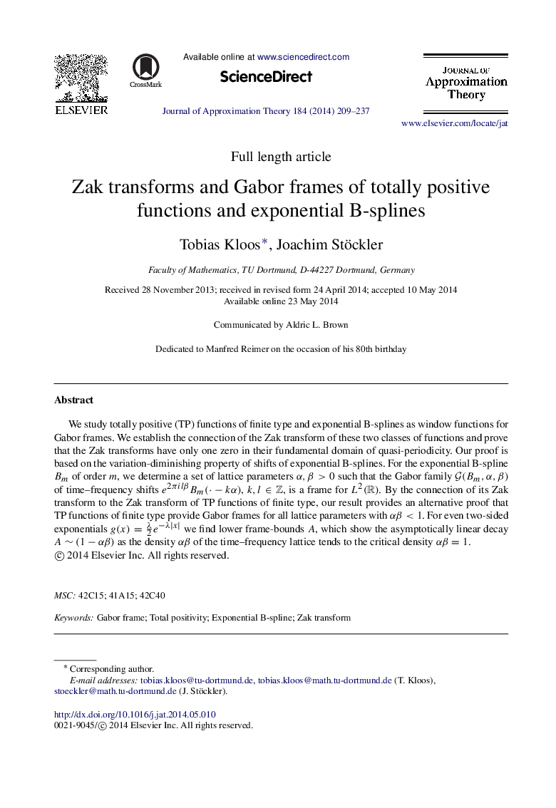 Zak transforms and Gabor frames of totally positive functions and exponential B-splines