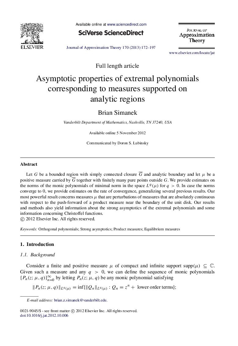 Asymptotic properties of extremal polynomials corresponding to measures supported on analytic regions