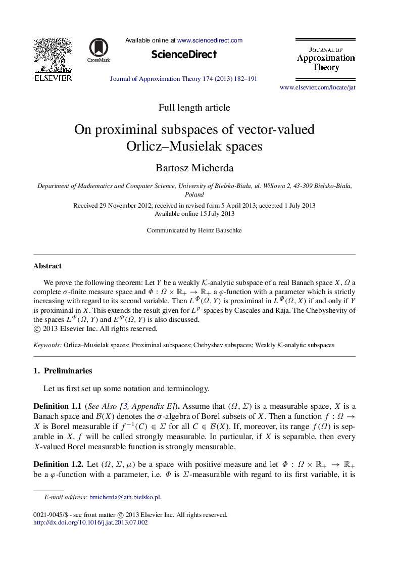 عکس صفحه اول مقاله: On proximinal subspaces of vector-valued Orlicz–Musielak spaces On proximinal subspaces of vector-valued Orlicz–Musielak spaces