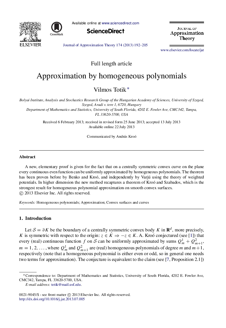 Approximation by homogeneous polynomials