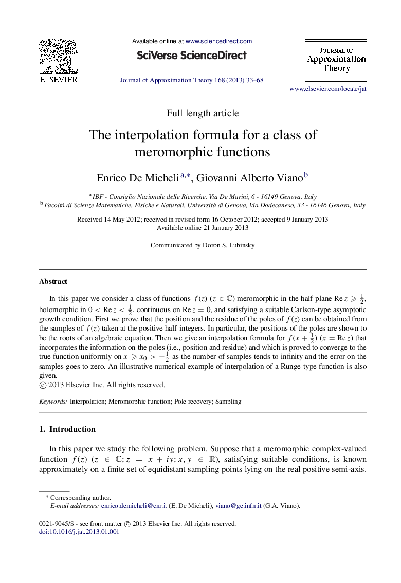 The interpolation formula for a class of meromorphic functions