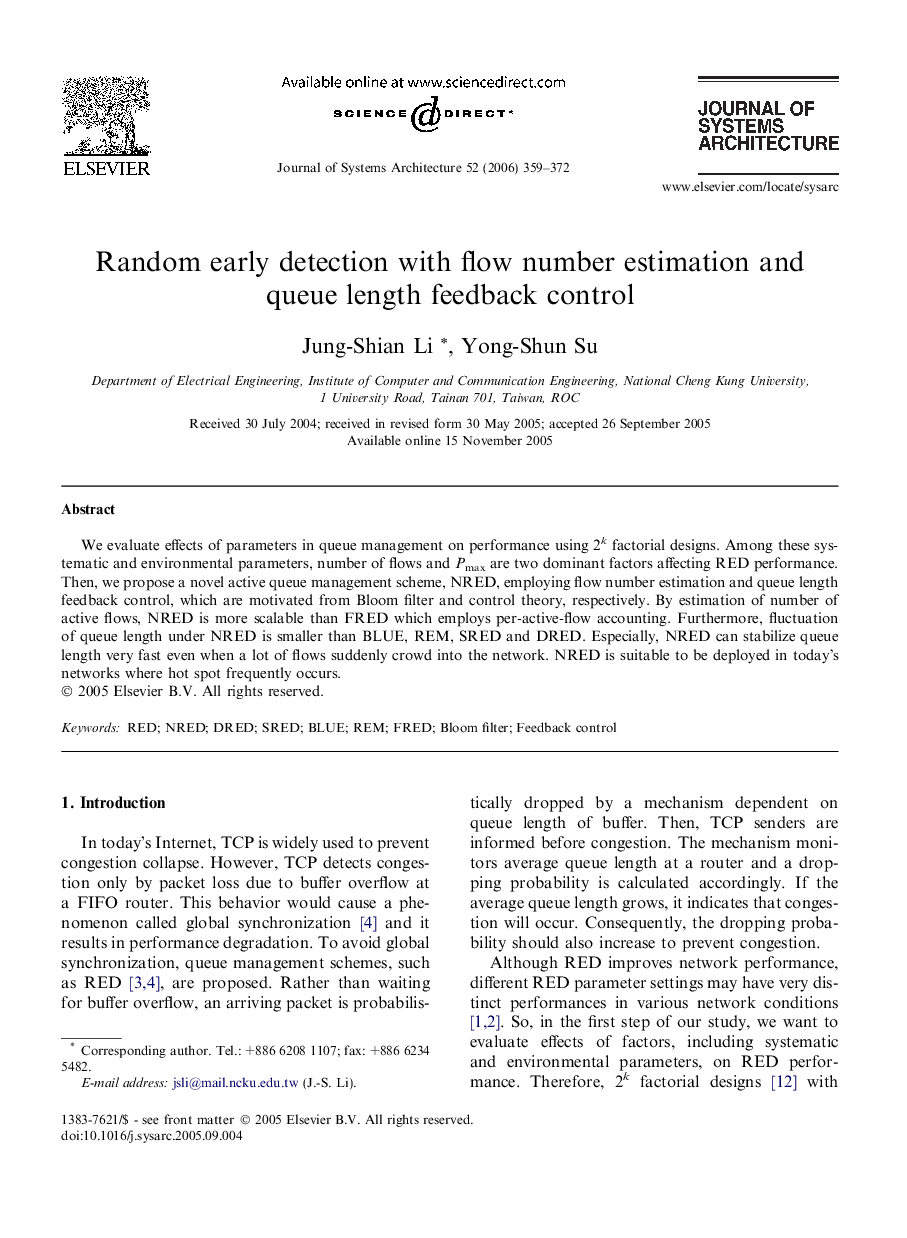 Random early detection with flow number estimation and queue length feedback control