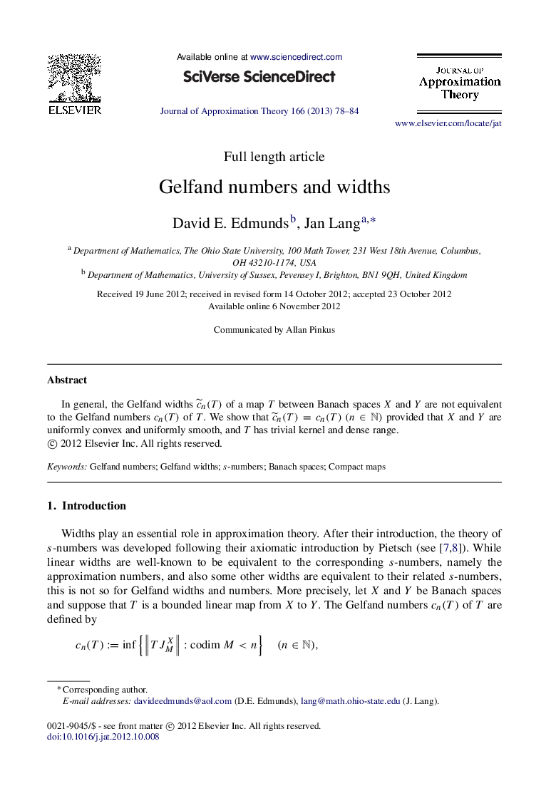 Gelfand numbers and widths