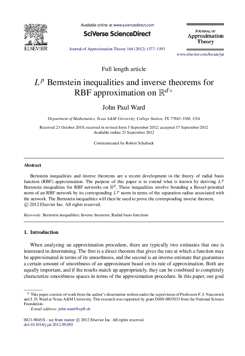 LpLp Bernstein inequalities and inverse theorems for RBF approximation on RdRd 