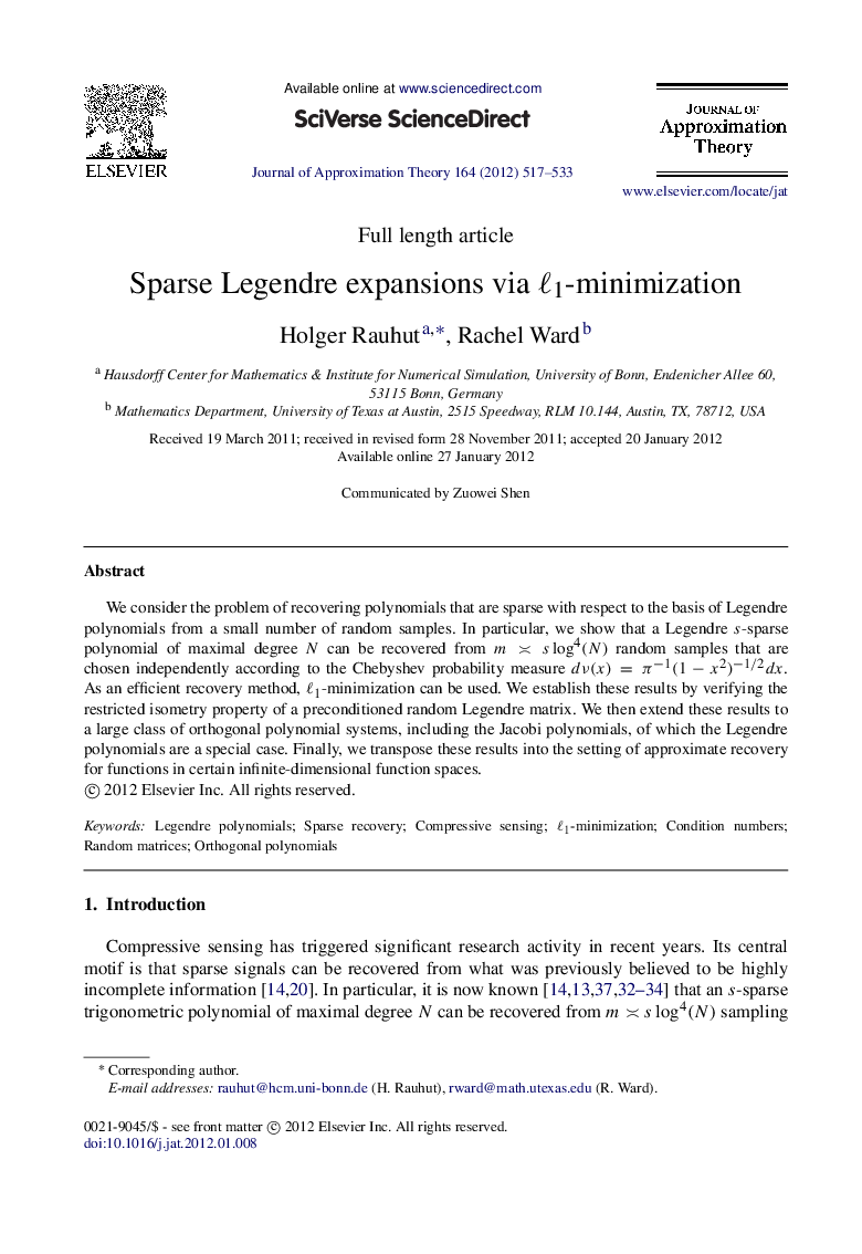 Sparse Legendre expansions via ℓ1ℓ1-minimization