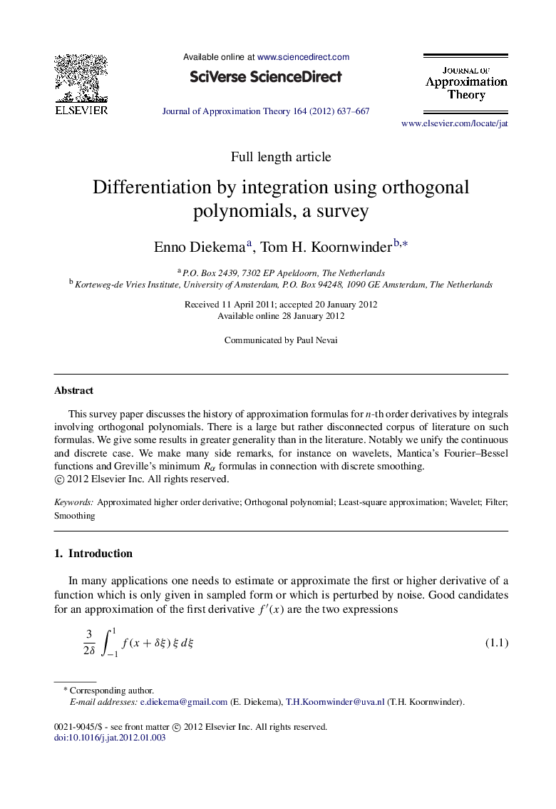 Differentiation by integration using orthogonal polynomials, a survey