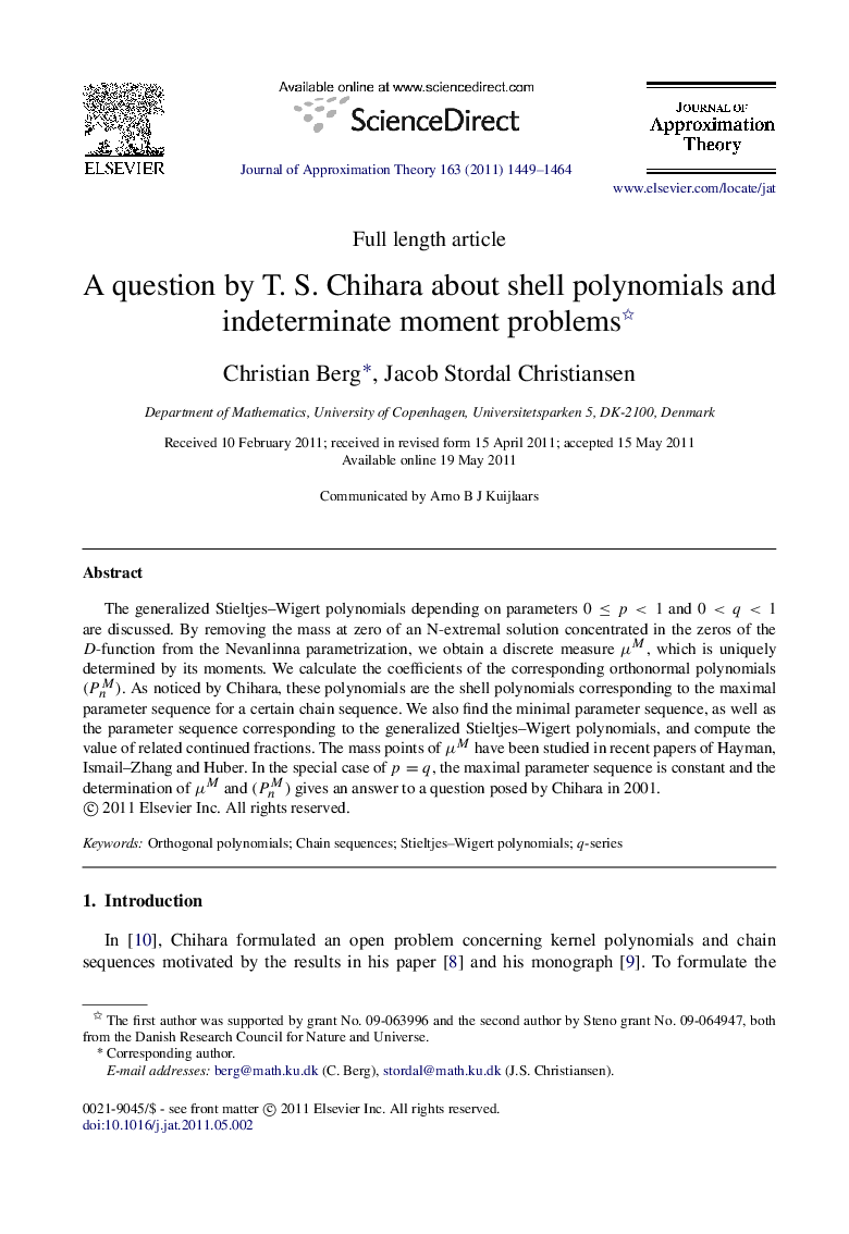 A question by T. S. Chihara about shell polynomials and indeterminate moment problems 