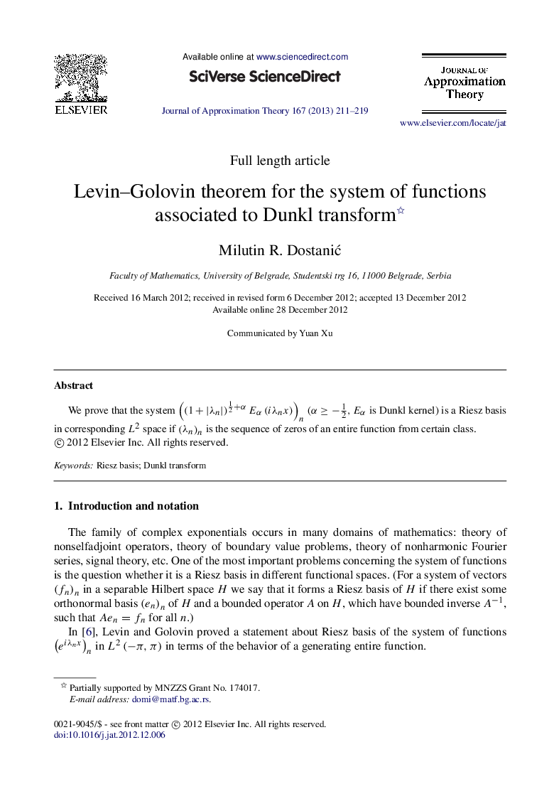 Levin–Golovin theorem for the system of functions associated to Dunkl transform 