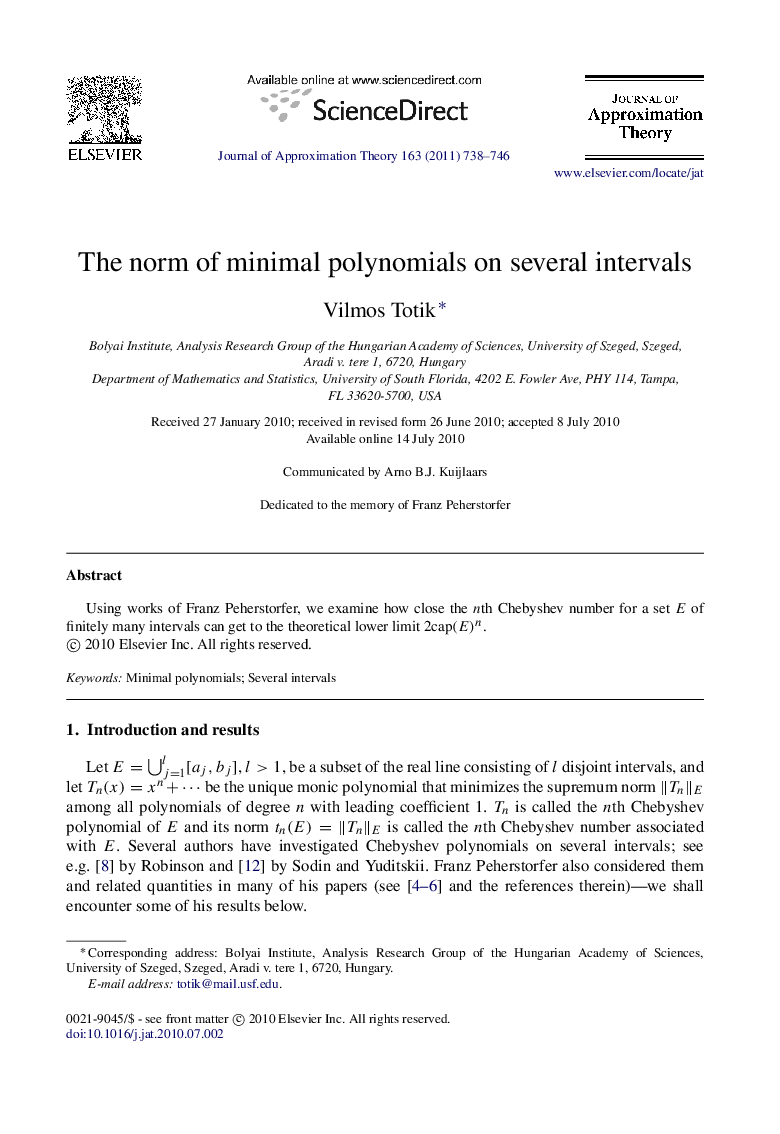 عکس صفحه اول مقاله: The norm of minimal polynomials on several intervals The norm of minimal polynomials on several intervals