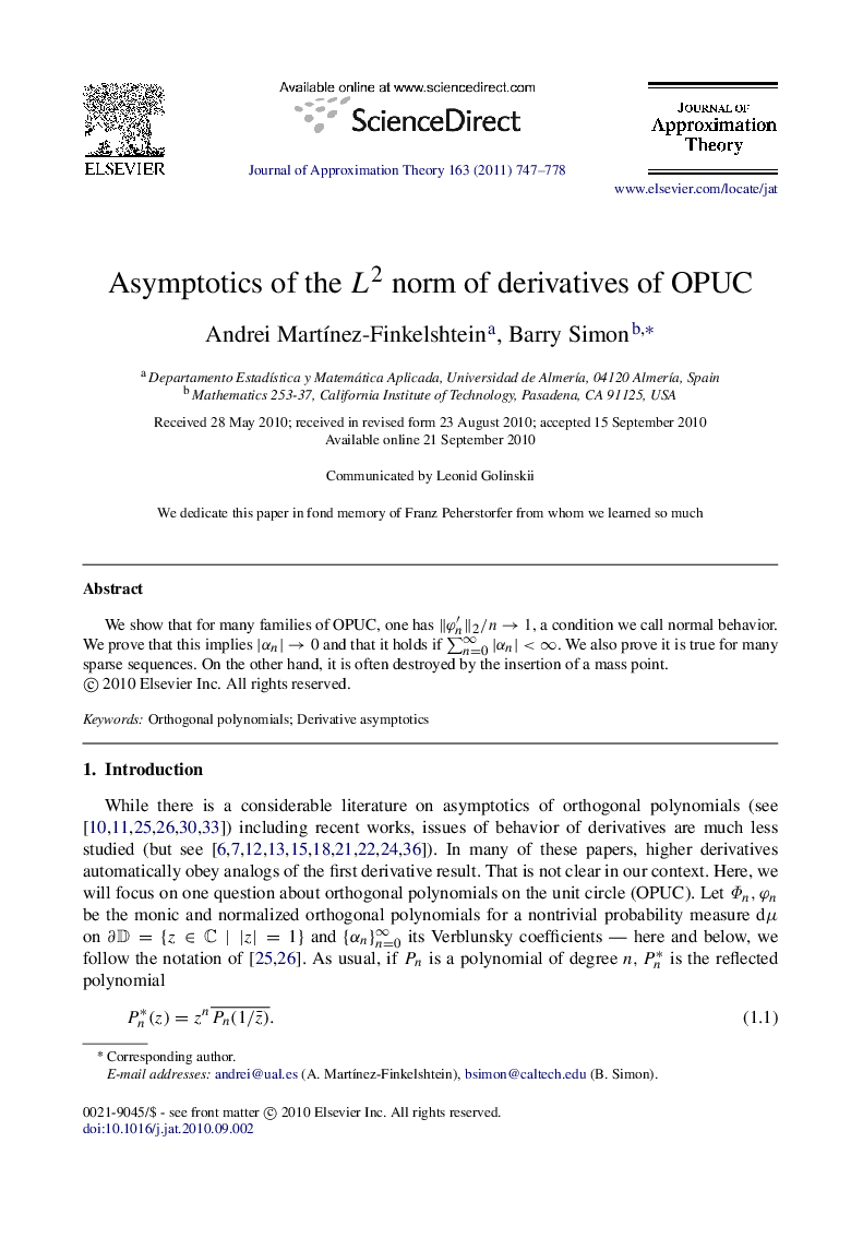 Asymptotics of the L2L2 norm of derivatives of OPUC