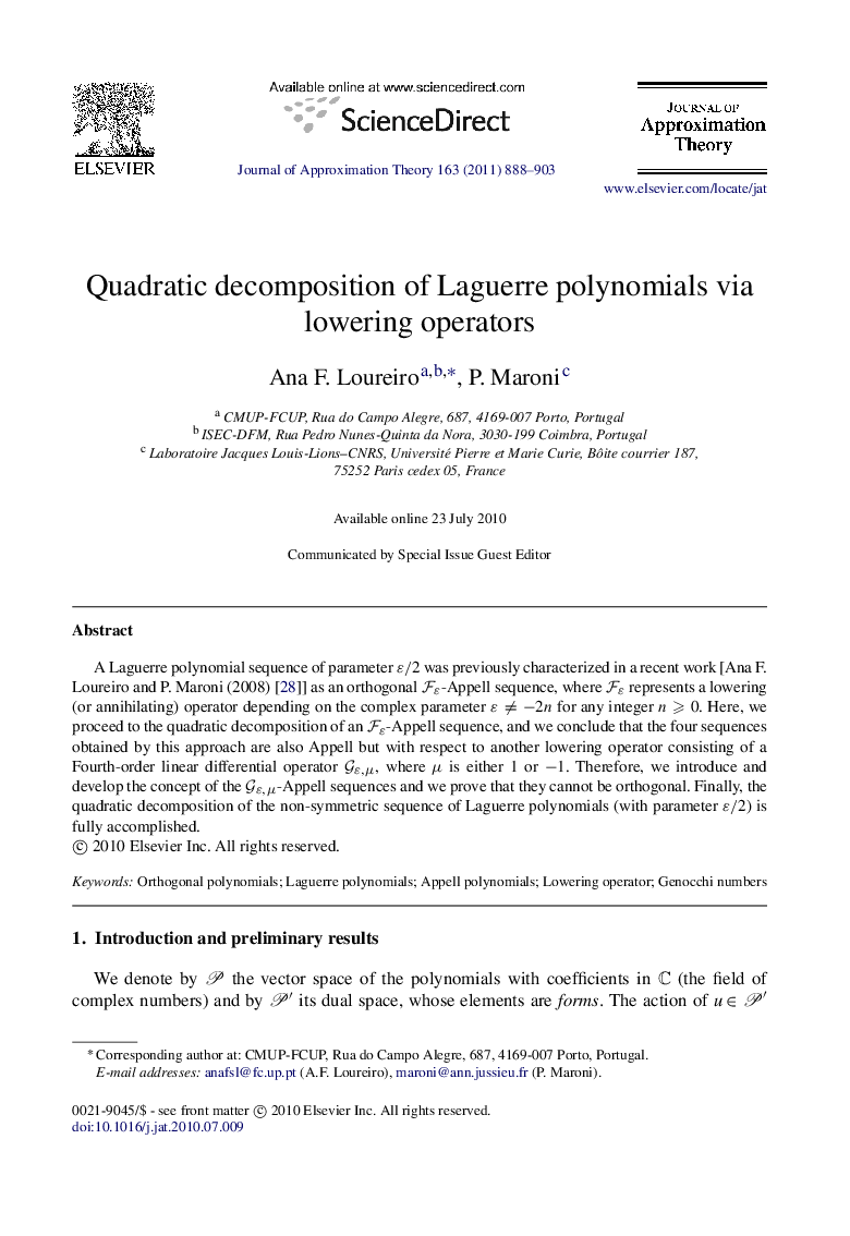 Quadratic decomposition of Laguerre polynomials via lowering operators