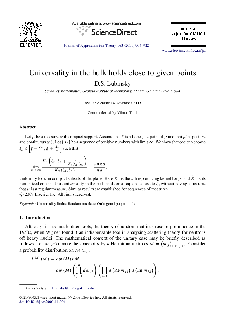 Universality in the bulk holds close to given points