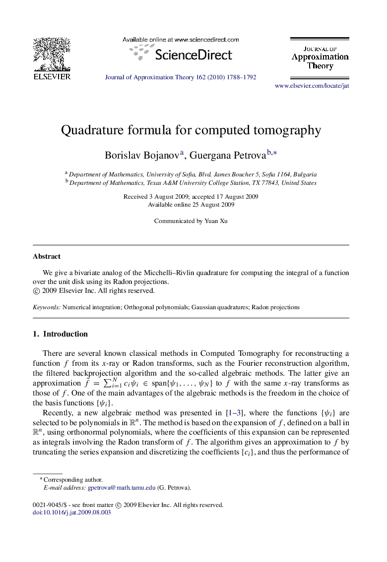 Quadrature formula for computed tomography