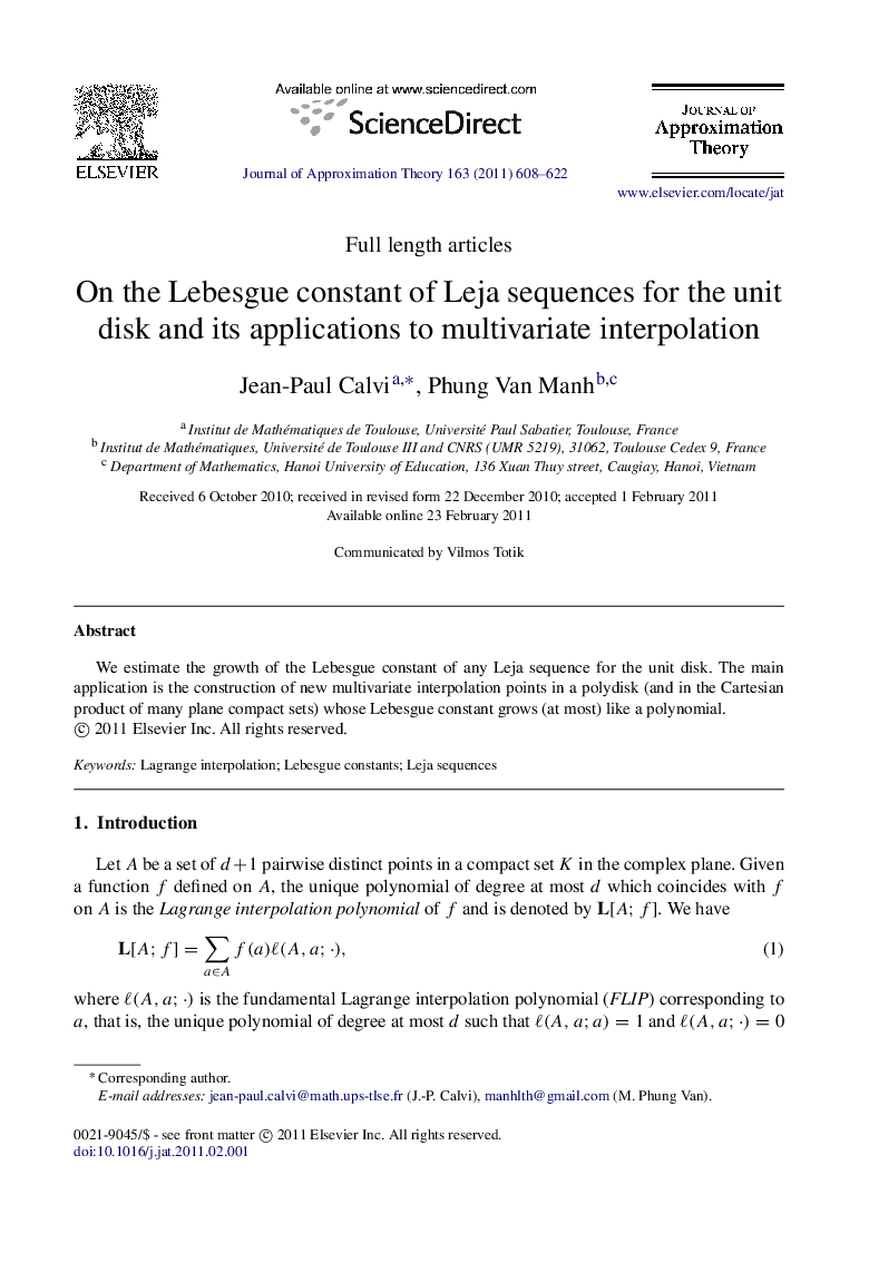 On the Lebesgue constant of Leja sequences for the unit disk and its applications to multivariate interpolation