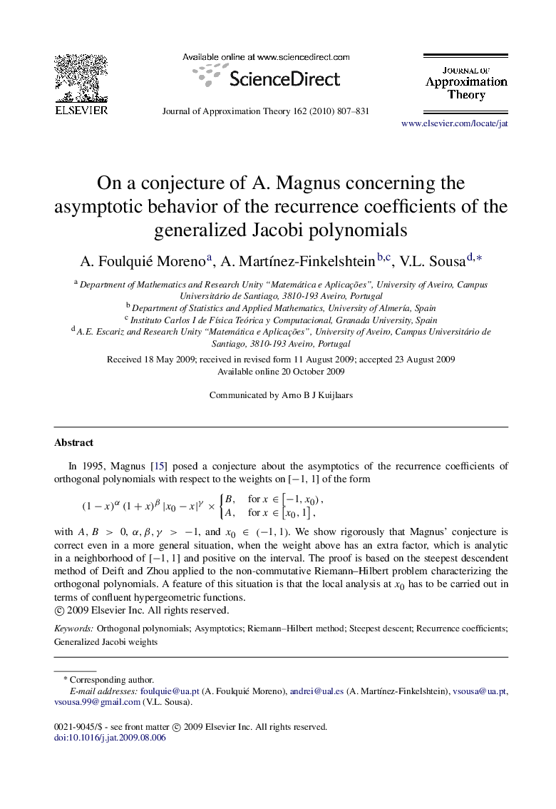 On a conjecture of A. Magnus concerning the asymptotic behavior of the recurrence coefficients of the generalized Jacobi polynomials